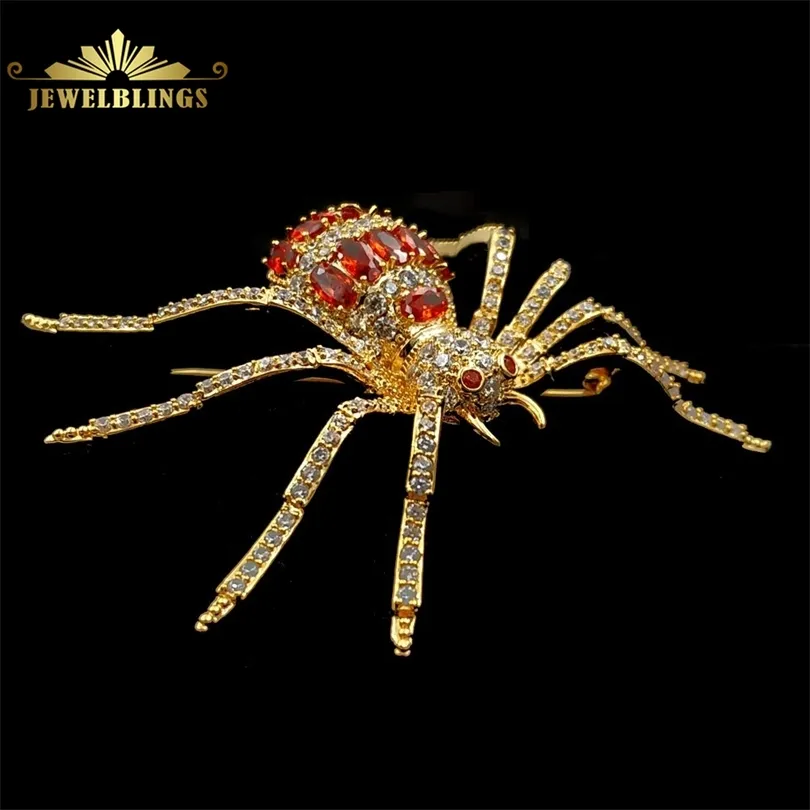 Designer vintage Micro Pave CZ Broches de aranha vermelha Tono de ouro de 8 olhos vermelhos pernas pinos de aranha perigosos jóias de férias de halloween 201009