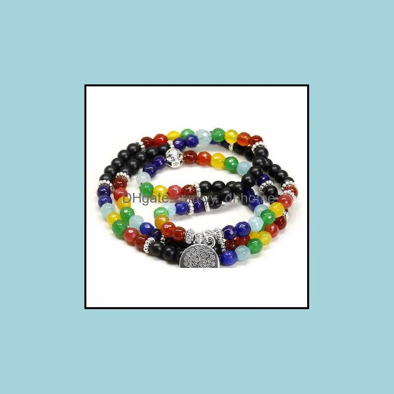 Anklets 6MM Beads 108 Mala Chakra Matte Onyx Bracelet 7 Meditation Tree Life Pendent For Men Buddha Yoga Jewelry1