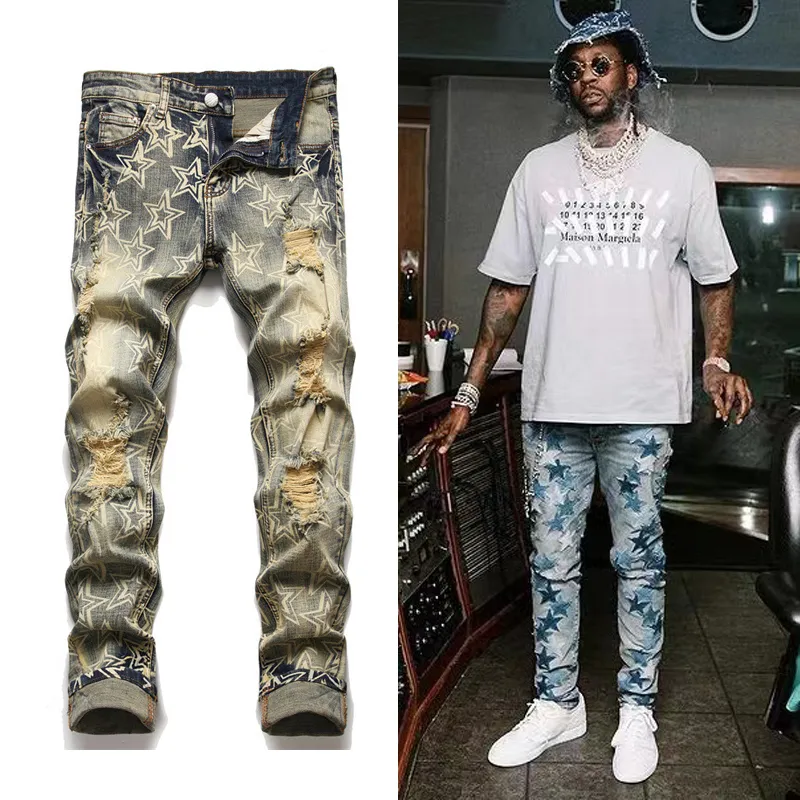 Män Broken Track Jeans Plus storlek 38 Tryckt Effekt Distressed Fading Denim Hane