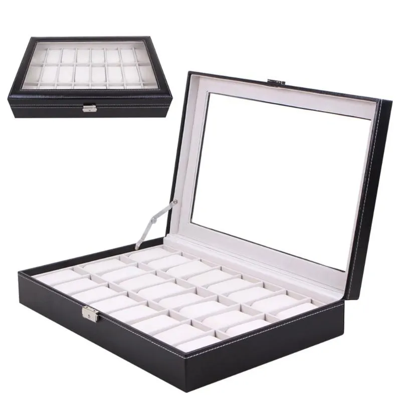 Смотреть коробки корпусы отображение коробки 24 гридных наручных часов для хранения корпуса организатор классический держатель пенопласта прозрачный стеклянный стеклянный черная кожа
