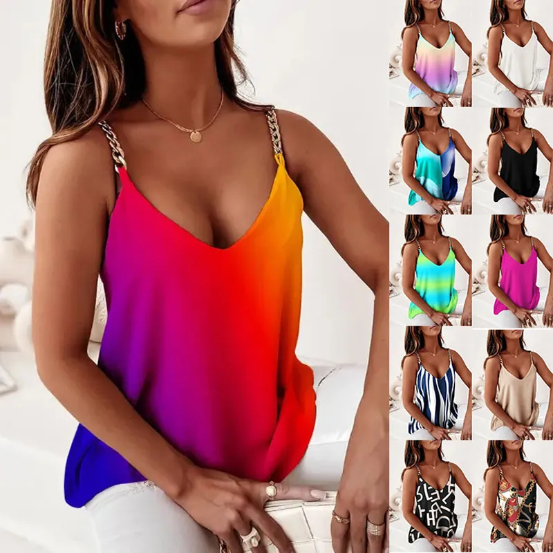 Ropa de calle de mujer con cadena de retales, Tops básicos sin mangas con estampado de cuello en V, blusa informal de verano para mujer, jerséis con hombros descubiertos calados