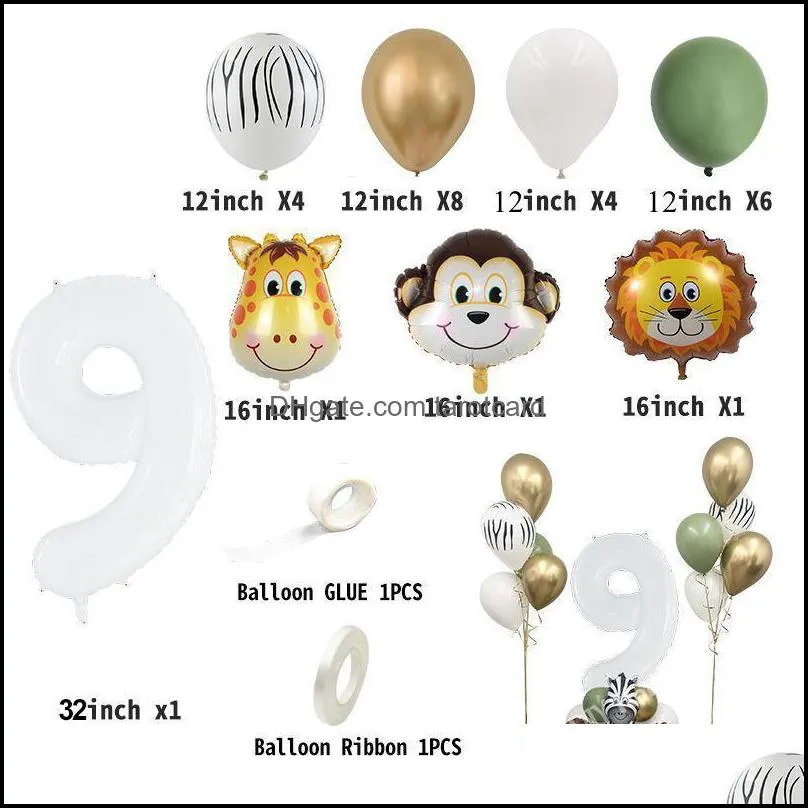 Party Decoration 28pcs Wild One Animal Balloons Set With White Number Balloon For Kids Boy Jungle Birthday Supply