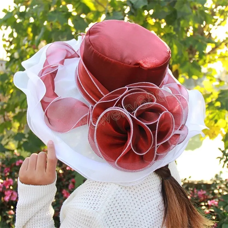 Cappelli da donna Kentucky Derby Cappello da spiaggia estivo all'aperto Fiore in organza Cappelli da sole a tesa larga Cappello da donna