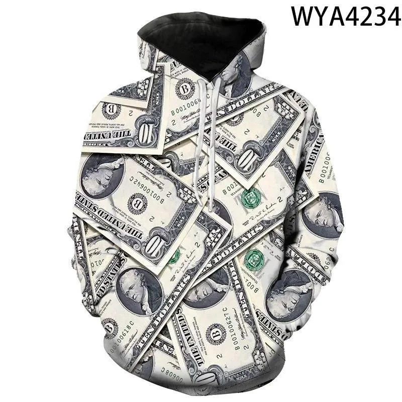 Erkek Hoodies Sweatshirts USD ABD Dolar Faturaları Para Erkek Çocuklar 3D Baskılı Sokak Giyim Erkek Kız Çocuk Topçılar