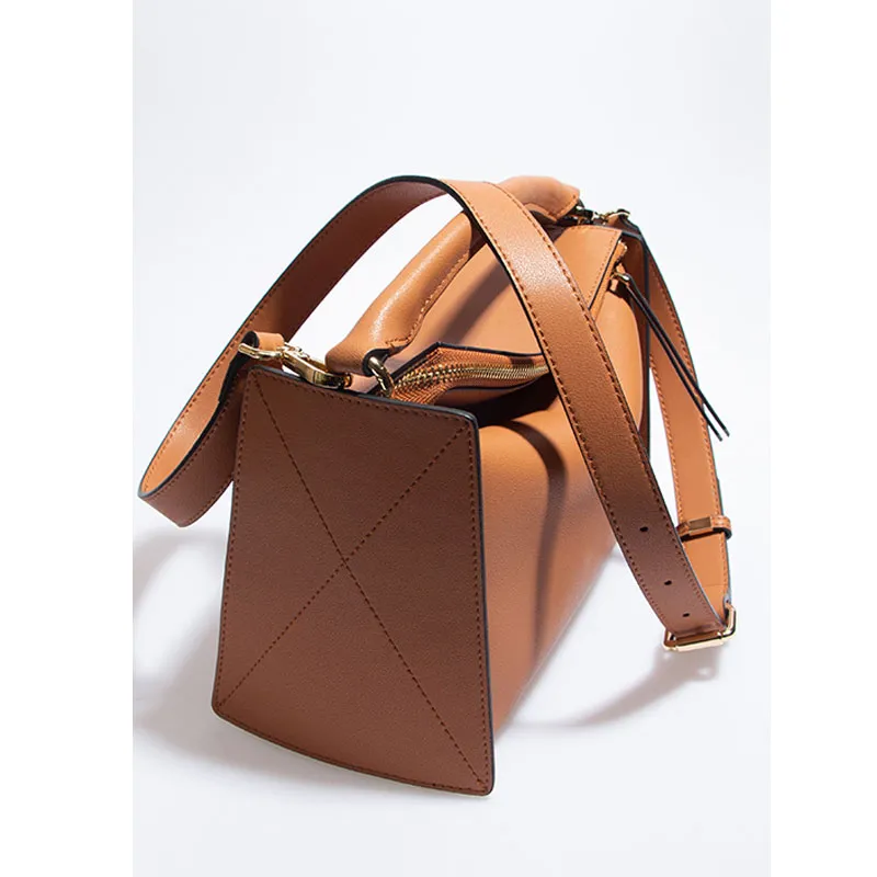 2022 Spring Stitching Geometric Soft Leather Big Bag Splicing Box Type High-quality Leather Handbags Single Shoulder Messenger Pillow