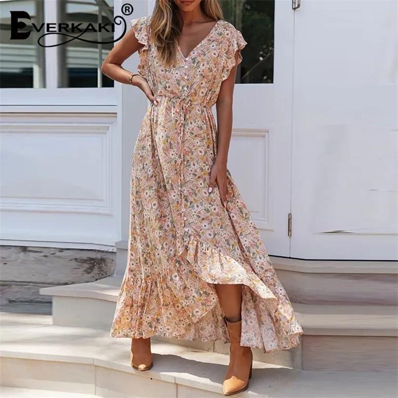 Everkaki Floral Print Long Dress Irregular Hem Boho Summer Vestidos Sashes Ladies Gypsy Maxi Dresses Casual Female New 210320