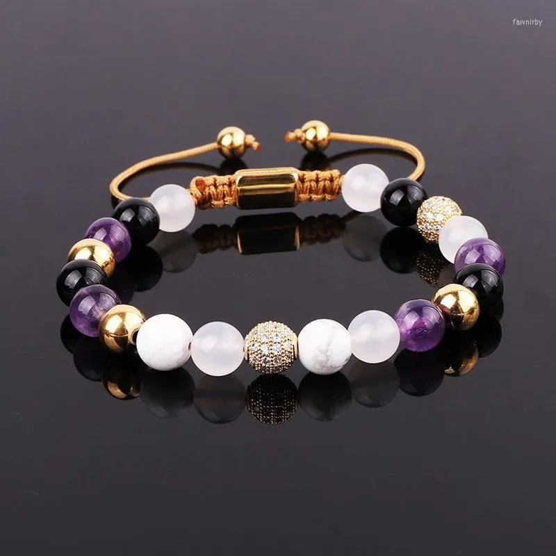 Brins de perles Jaravvi haute qualité 8mm pierre naturelle améthyste perles de Howlite tressé amitié macramé Bracelet pour les femmes Fawn22