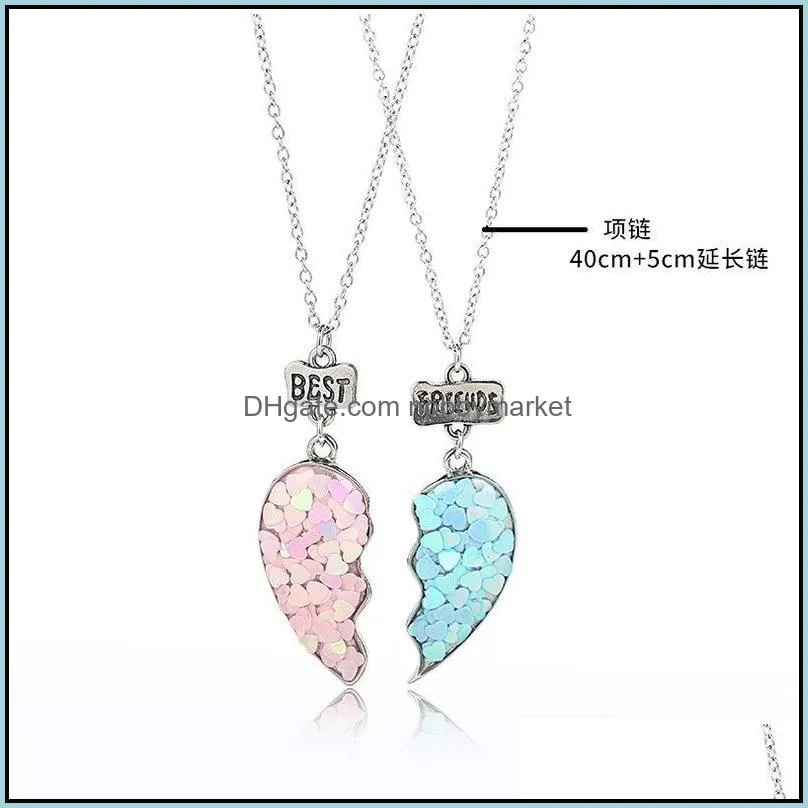 Charm Bracelets 2Pcs/set Fashion Initial Friends Necklaces Sequin Heart Broken Stitching Pendant Chain BFF Friendship Jewelry Women