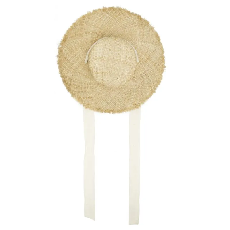 Chapeaux à large bord Chapeau de paille de raphia tissé à la main pour femmes Floppy Flat Top Sun Summer Lady Beach Cap avec ruban de menton UPF 50Wide