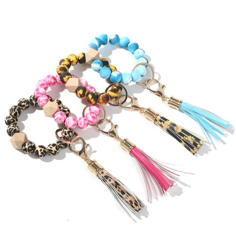 Party Silicone Bead Bracelet Keyring Suede Tassel Keychain Women Sunflower Printed Bangle Festival Gift Wooden Beaded Jewerly Crafts 10 Styles