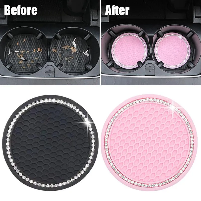 Interior Decorations Non-slip Water Cup Pad Diamond Rhinestone Bling Decoration Auto Bottle Anti-skid Rubber Mat Accessories Car Decor