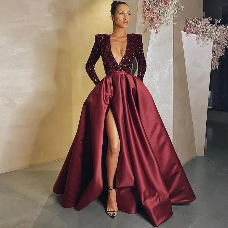 Party Dresses Elegant Satin Evening Long Pequined Sexy Deep V Neck Side Slit Formal Prom Dress Simple Ruched Robe de Soireeparty