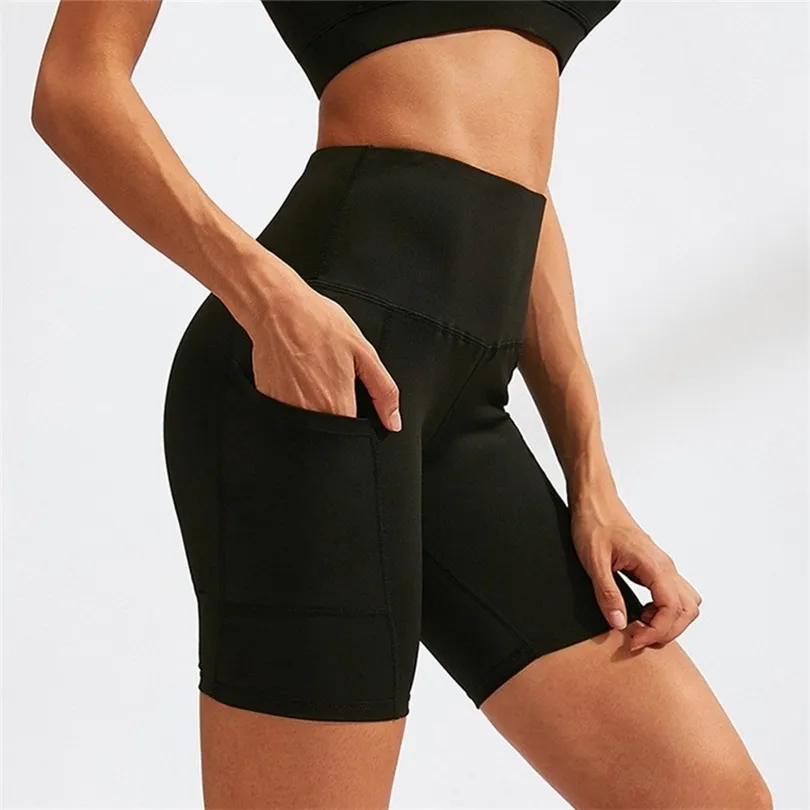 Fanceey Pantaloncini da yoga atletici a vita alta per le donne Pantaloncini da ciclismo sportivi da tasca Compressione Allenamento Fitness Palestra Pantaloncini da corsa N T200412