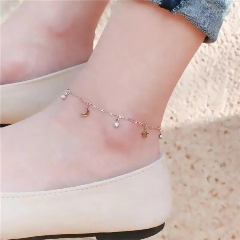 Anklets Stainless Steel Fashion Fine Jewelry Zircon Stars Moon Charm Chain For Women Tobilleras Cheville AccessoriesAnklets Kirk22