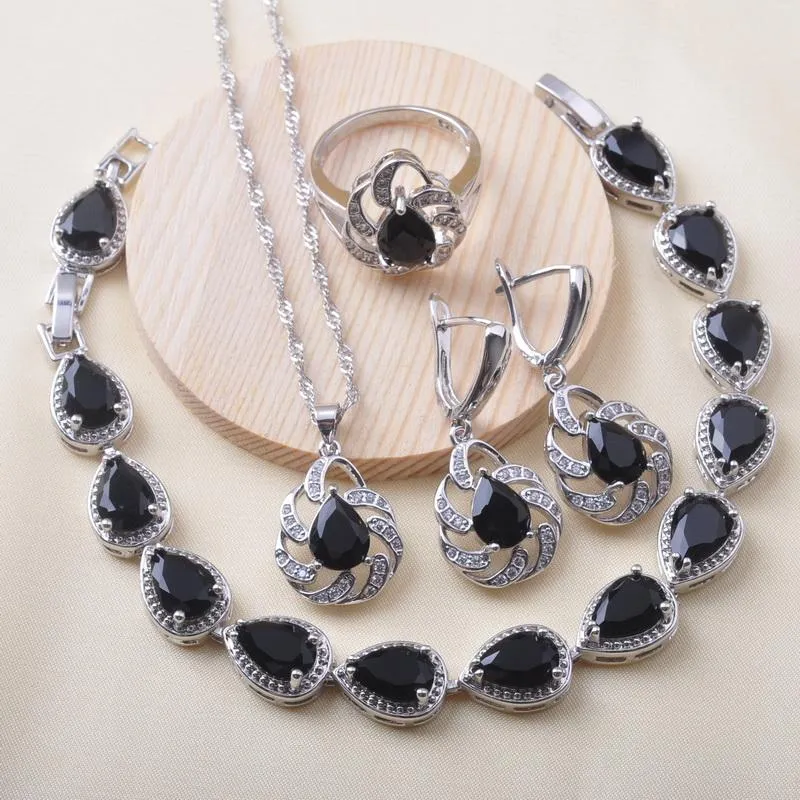 Earrings & Necklace Luxury Silver Color Jewelry Sets Bridal For Women Black Zirconia Bracelet Ring Pendant Christmas Gift QS0629Earrings