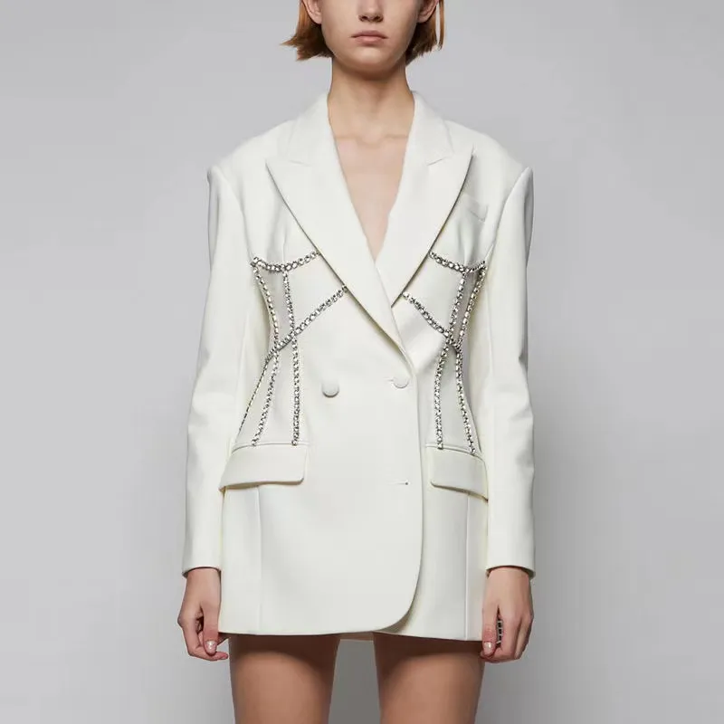 A12-Costumes pour femmes Blazers dames de luxe perlé longue robe Blazer de qualité supérieure femmes col cranté à volants perles vêtements d'extérieur pour femmes