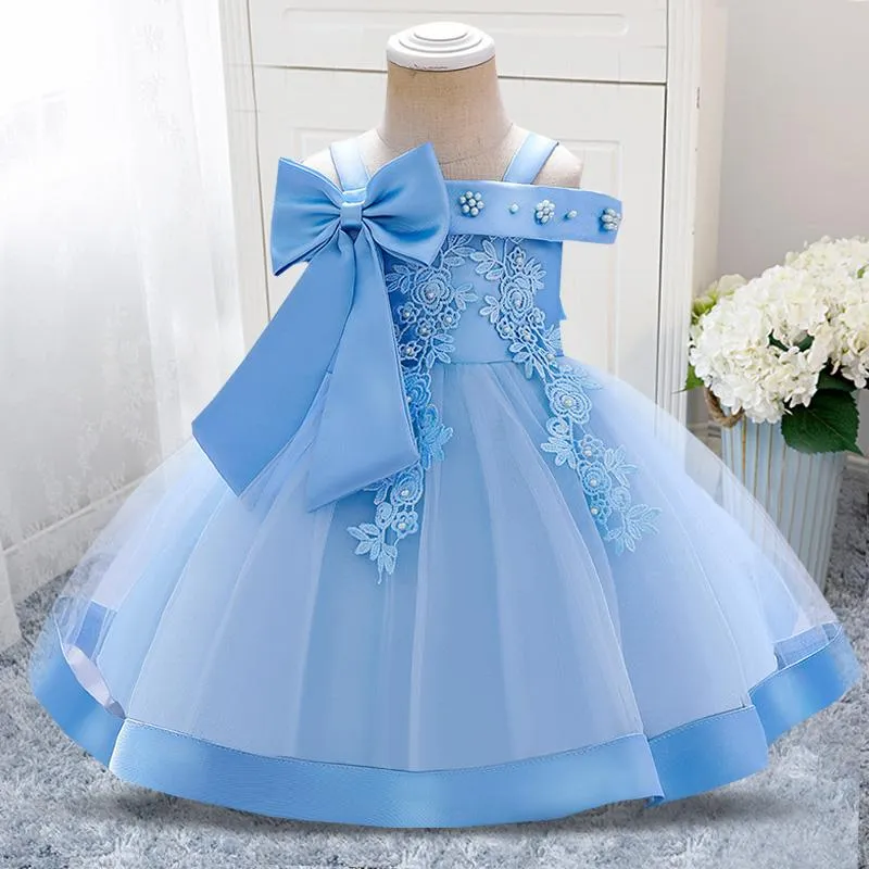 Girl's Dresses Summer Flower Bow 1st Birthday Dress Baby Girl Clothing One Shoulder Baptism Princess Party Costume Kids Toddler ClothesGirl'