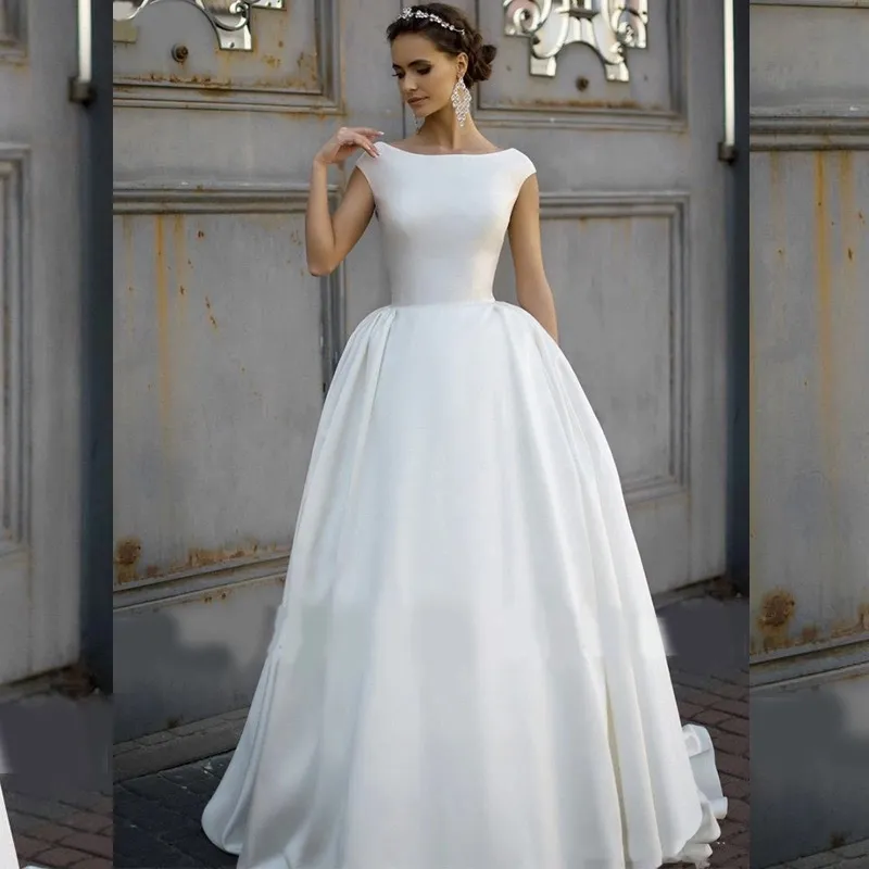 Nuovi abiti da sposa a-line sposa rotonda collo rotondo in raso tutu sega abito mercoledì vestido de novi plus size