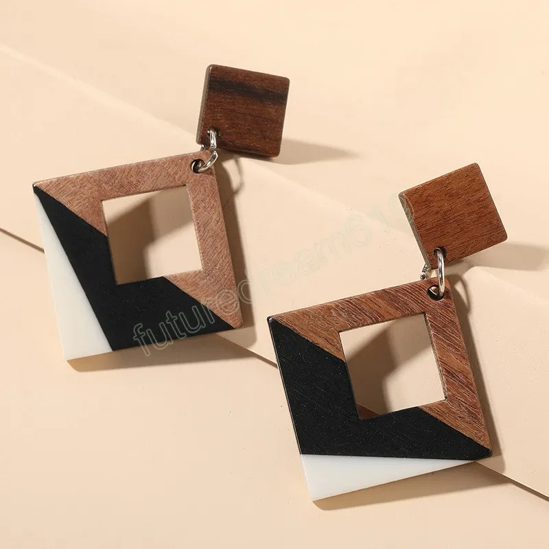ヴィンテージの幾何学的アクリル樹脂イヤリングシンプルな四角いハートウッドダングルイヤリング女性ジュエリーギフト