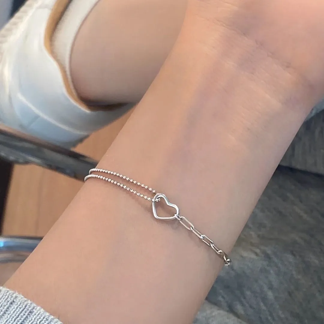 Hollow Silver Heart Bracelet Female Simple Fashion Creative Double-layer Stitching Chain