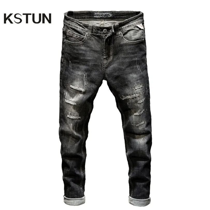 Kstun rippade jeans för män Slim Fit Stretch Fashion High Street Style Male Denim Pants Frayed Destoed Vintage Mens Punk Jeans T200614
