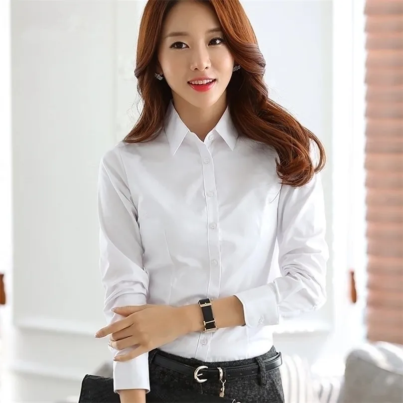 Femmes coton chemises chemise blanche femmes à manches longues chemises hauts bureau dame basique chemise Blouses grande taille élégante femme Blouse 5XL 210326