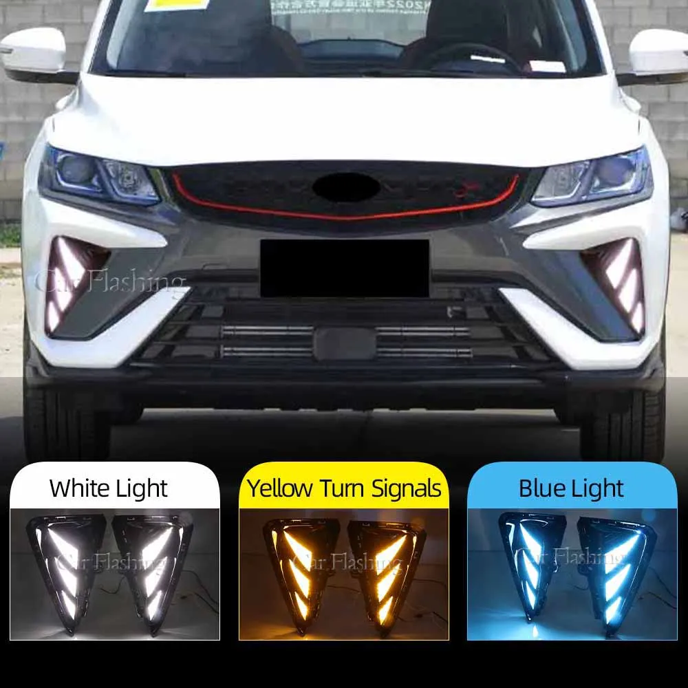 1 par de carros drl para geely coolray x50 próton 2021 luz de corrida diurna lâmpada de neblina de luz do dia com sinal de giro amarelo fluido