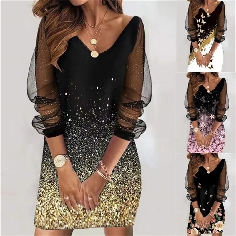 Elegant Retro Print Sequined Mesh Party Dress Women's Spring and Summer Clothing V Neck Sexy Casual Vestidos Long Sleeve Dresses 220316