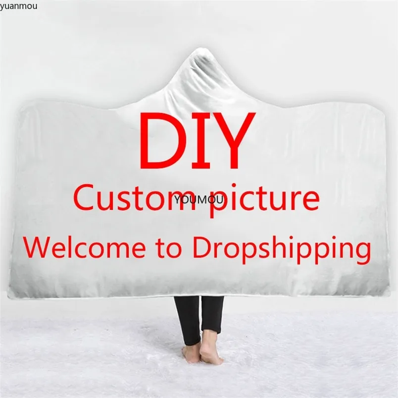 3D Printed Custom Hooded Blanket Customize Warm Wearable Fleece Plush Throw Blankets for Adults Kid Gift Support Drop 220616