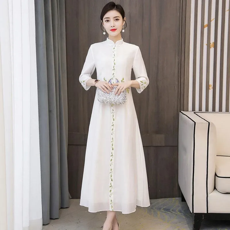 Etnisk kläder mode cheongsam klänning kinesisk stil blomma broderi retro qipao robe orientale femme temperament chiffon klänningethnic