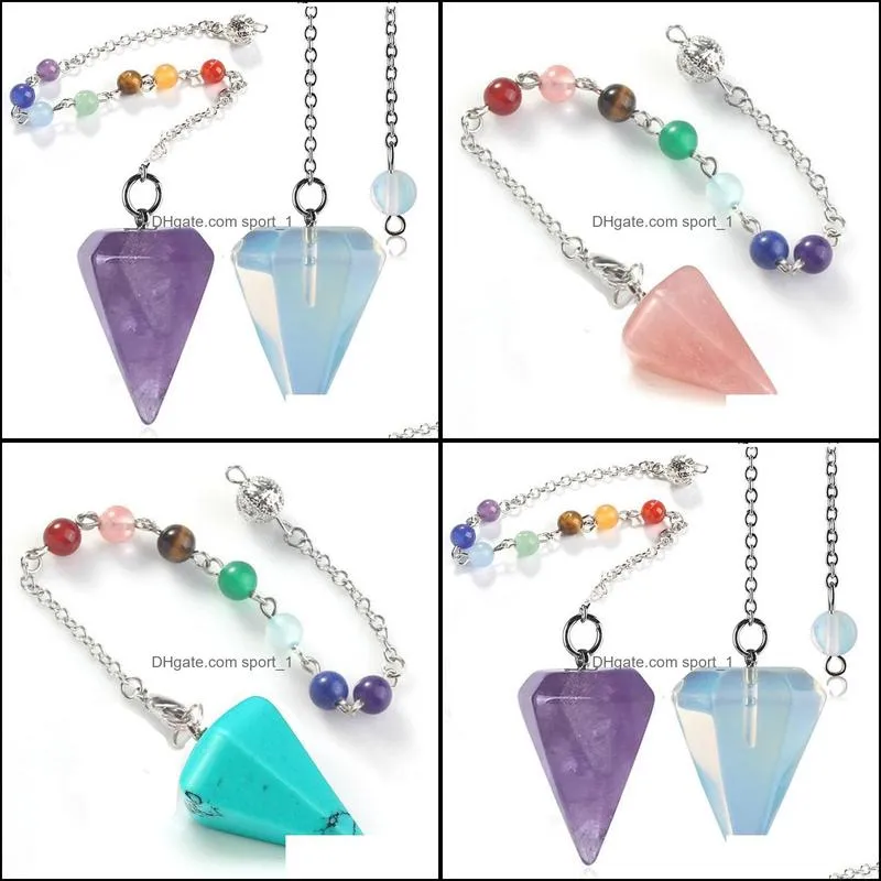 small size natural stone pendulum for dowsing amethysts lapis opal crystal cone healing chakra chain hexagonal pendants necklace