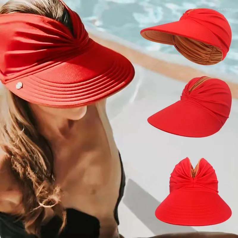 Womens Anti UV Wide Brim Ponytail Beach Hat With Double Sided