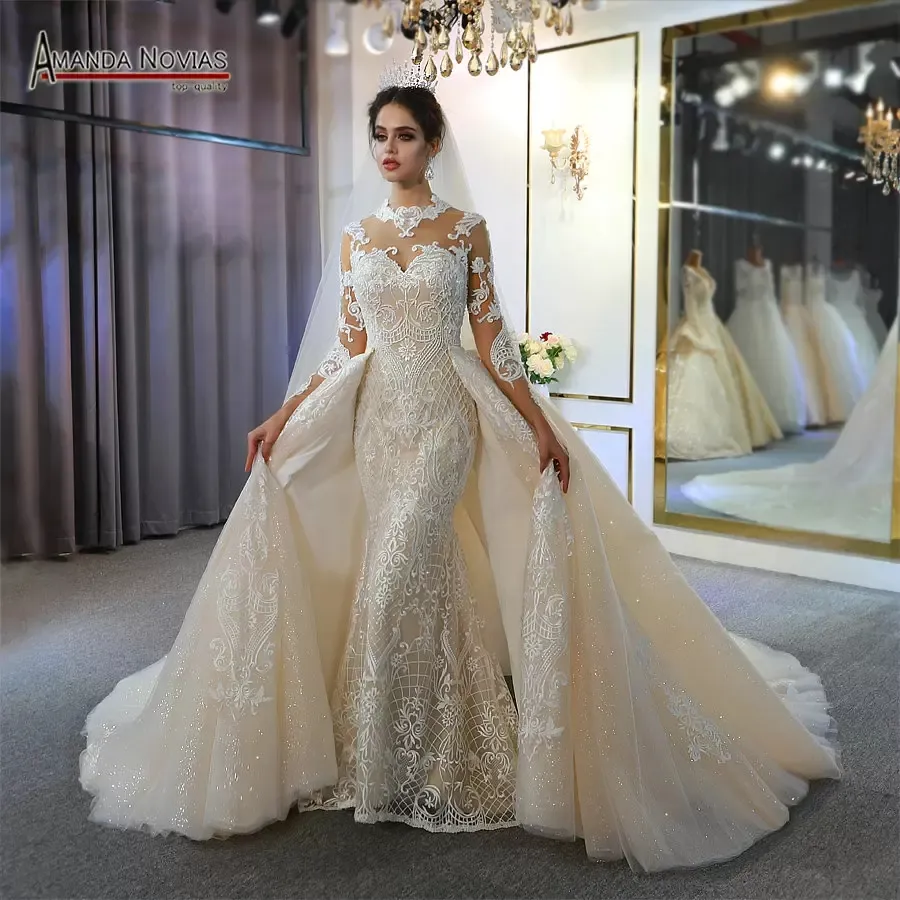 2022 Abiti da sposa a sirena a maniche lunghe di lusso con treno staccabile Vintage Collo alto Plus Size Abito da sposa musulmano Immagini reali BC5030