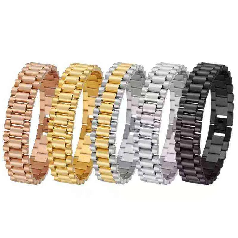 Hot Fashion 15mm Luxo Mens Womens Watch Chain Watch Band Bracelet Hiphop Gold Silver Steel Strap Strap Bracelets Cuff H220418