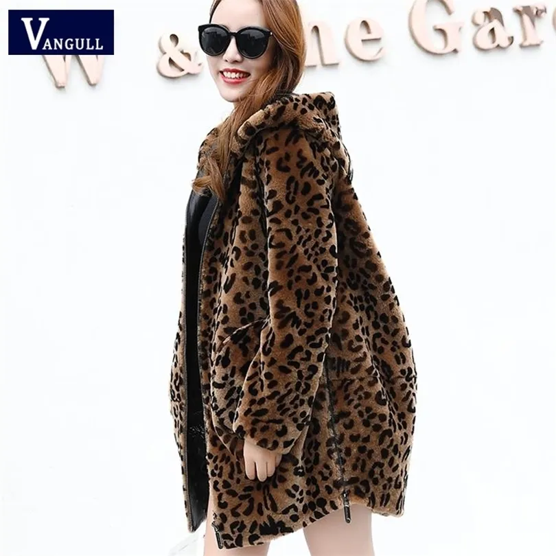 Vangull Women Leopard Faux Fur Casats Winter Warx Warx grossa capuz com capuz