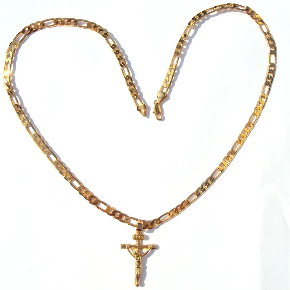 24k Solid Yellow Gold GF 6mm Italian Figaro Link Chain Necklace 24" Womens Mens Jesus Crucifix Cross Pendant291C