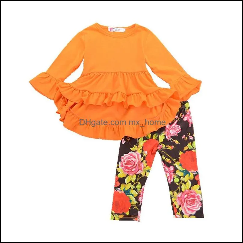 girls long sleeve flower printed outfits suits irregular ruffle tuxedo dress top+floral pant 2pcs/set kids clothes tracksuit sets 241