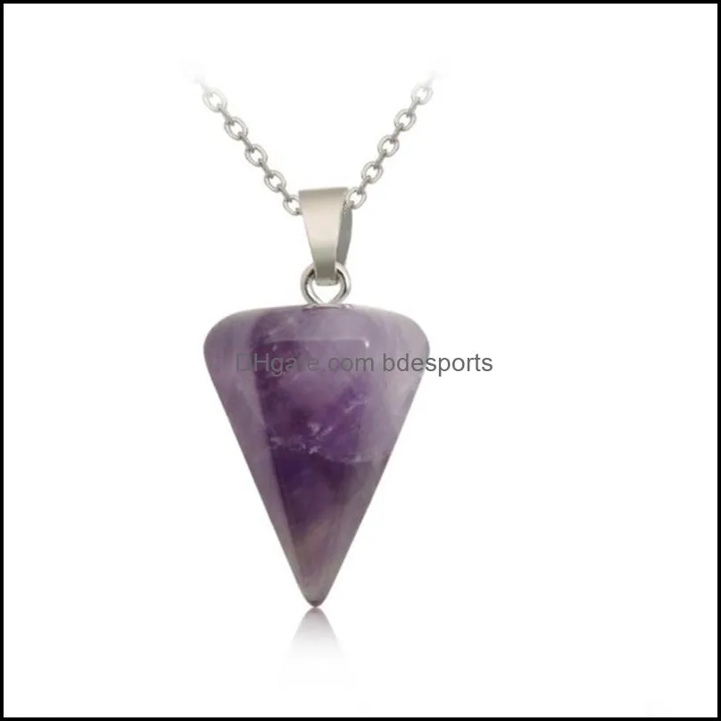 party favor Crystal Natural Gemstone Jewelry Pendant Necklace Healing Chakra Reiki Silver Stone Hexagonal Prisme Cone Pendulum Charm Necklaces with