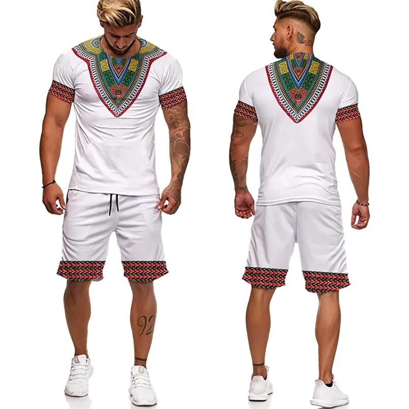 Män afrikansk stil totem tryck tracksuit vintage kläder sommar jogging kostym t-shirt shorts casual stilig trett set kläder 220622