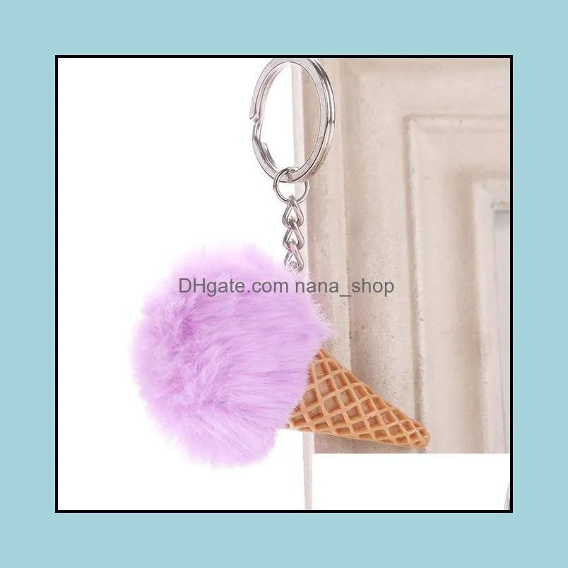 Ice Cream Keychain Soft Artificial Rex Rabbit Hair Ball Keyring Furry Pom Acrylic Key Ring Women Shoulder Bag Car Pendant Gift