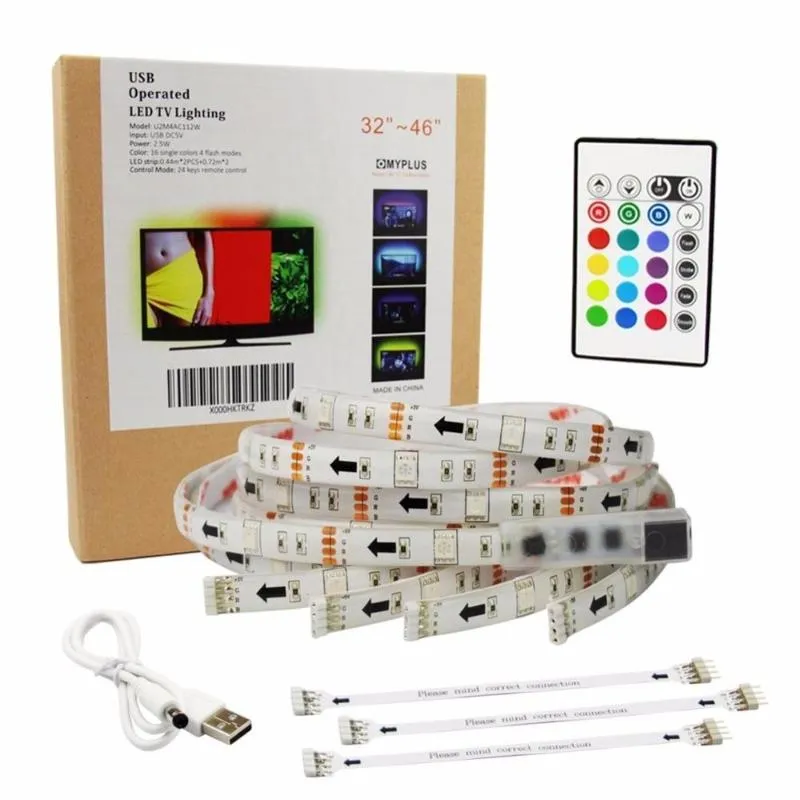 Tiras 1m/2m/3m 5V 60smd/m RGB LED LIT LA LIGHT TV Kit de iluminación de la espalda con Stripsled de control remoto USB 24 Key