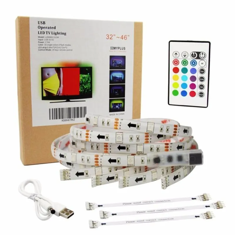 Remsor 1M/2M/3M 5V 60SMD/M RGB LED Strip Light Bar TV Back Lighting Kit med USB 24 Key Remote Controlled Stripsled