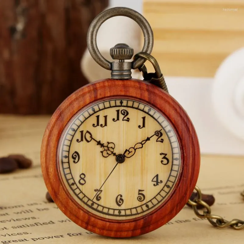 Pocket Watches Retro Red Sandalwood Fashionable Arabic Numbers Design Fob Chain Clock Men's Universal Gift Watchpocket