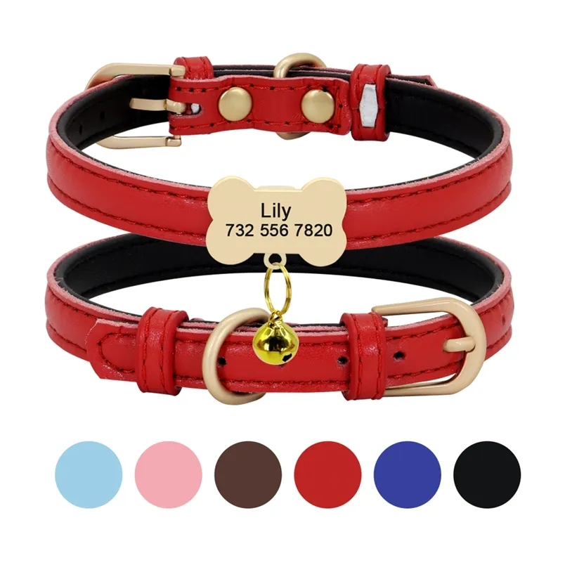 Puppy Dog Personalized ID Collar Pu Leather Dogs Cat Collars Necklace With Custom Engraved Tag Name Plate Free Bell Gift 220622