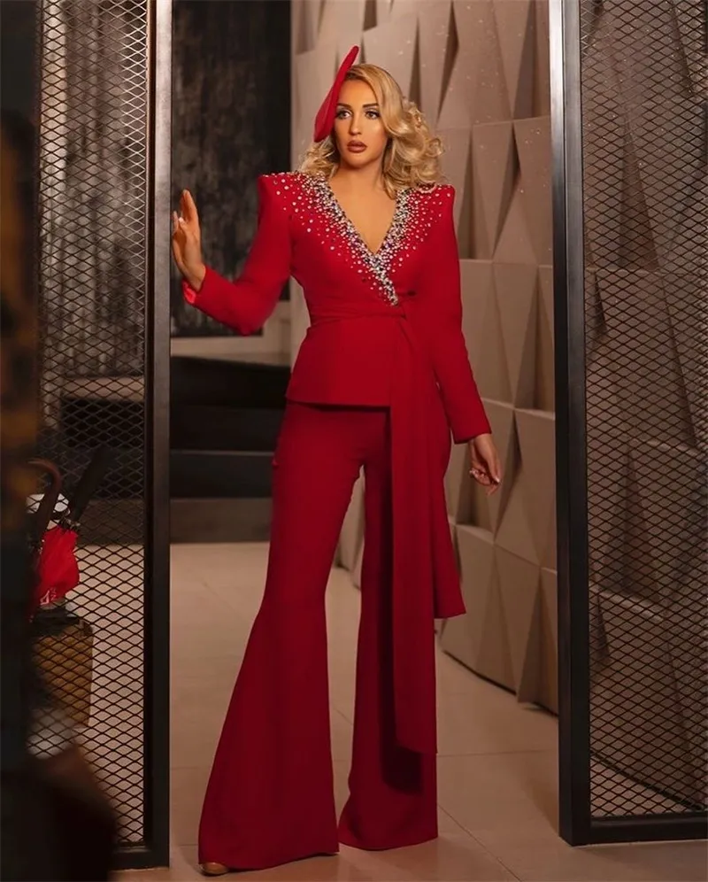 Luxury Crystal Prom Dress Suits Long Sleeve Beaded Crystal Red Suit With  Belt Evening Formal Lady Pant Suits from Dhgate Prom Dresses - price 135.11
