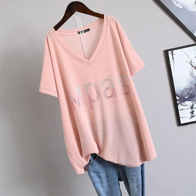 Summer Womens T-shirt Korean Loose Oversized T-shirt Large Size Diamond V-neck Covering Belly Short Sleeve Tshirt Women 220520