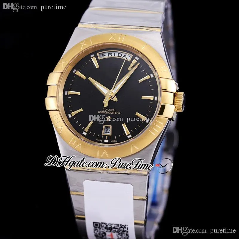 38mm Classic Day-Date A8500 Automatic Mens Watch Two Tone Yellow Gold Black Dial Stick Markörer Rostfritt Stål Armband 123.10.38.22.01.001 Puretime G40SC3
