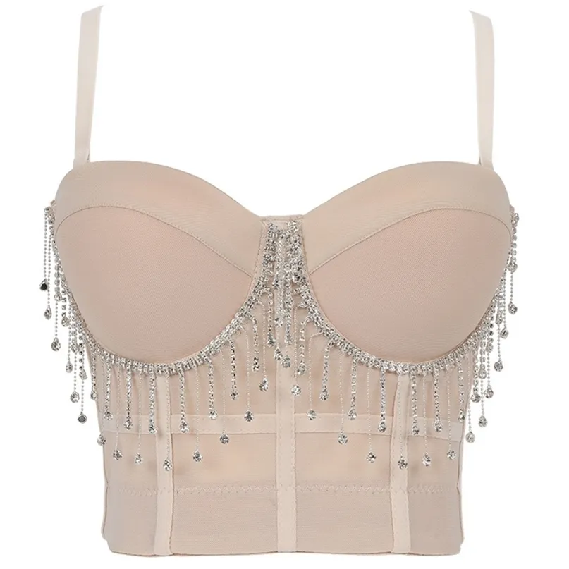 Mulheres Camisole Top Diamante Cristal Borlas Cor Sólida Sexy Cropped Push Up Bustier Bra Night Club Tank 220325