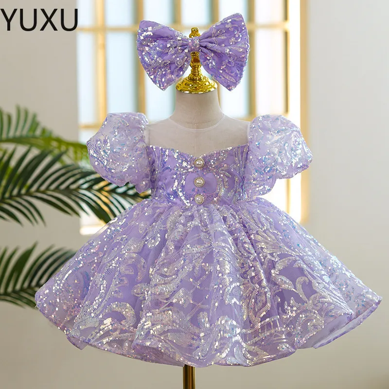 Vestidos de menina de flor lantejoulas de ouro com laço apliques ilusão de mangas curtas meninas concurso de meninas vestido crianças vestidos de aniversário para sessão de foto alta baixa