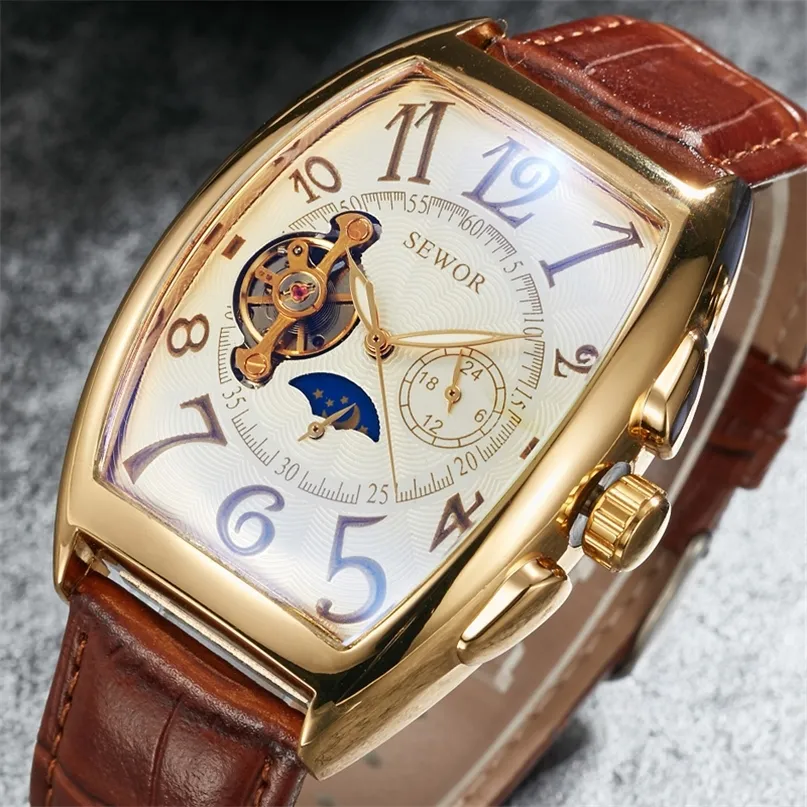 Luxury Automatic Mechanical Watches Men Moon Phase Skeleton Retro Self Winding Wristwatch Male Gold Case Clock Leather Watches 220524